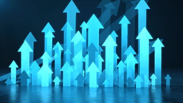 Glowing blue geometric shapes business arrows floating on dark water surface at night