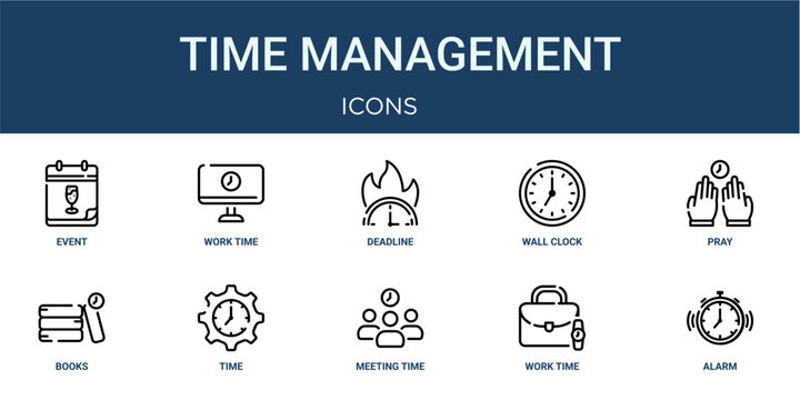 Set of 10 outline web Time Management icons such as alarm, Work time, meeting time, time management, books, pray, wall clock vector icons for report, presentation, diagram, web design, mobile app