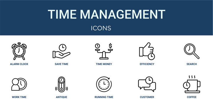 Set of 10 outline web Time Management icons such as coffee, customer service, running time, antique, Work time, search, efficiency vector icons for report, presentation, diagram, web design, mobile