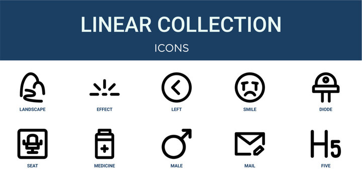 Set of 10 outline web Linear Collection icons such as five, mail, male, medicine, seat, diode, smile vector icons for report, presentation, diagram, web design, mobile app