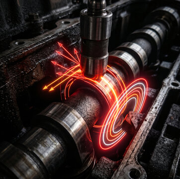 HDR photography of a heavy machinery camshaft surrounded by glowing neon abstract sliding friction vectors