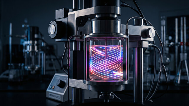 HDR photography of a laboratory rotary viscometer projecting glowing neon abstract fluid shear spirals