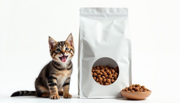Tabby kitten sits near dog food bag mockup with kibble bowl. Cute pet eagerly anticipates mealtime. Blank packaging template allows branding design. Ideal for advertising animal nutrition products.
