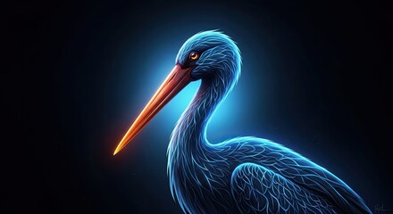 Obraz premium Glowing neon blue heron profile on black background.