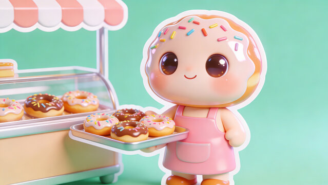 Cute cartoon girl with donut head serving trays of colorful donuts at bakery