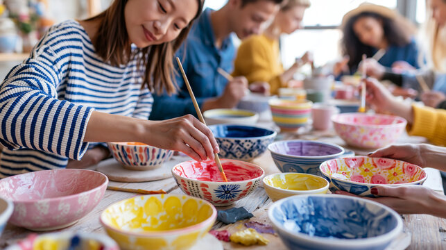 Woman engaged in pottery painting at a creative workshop with vibrant bowls.