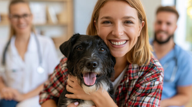 Smiling woman with a black dog, surrounded by friendly veterinarians in clinic.