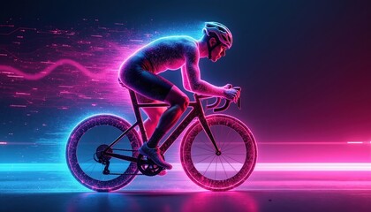 Fototapeta premium Futuristic cyclist rides racing bike. Athlete body integrates glowing data network muscle fibers. Biohacking concept visualizes sport science endurance analytics biotech cyber security. Neon lights