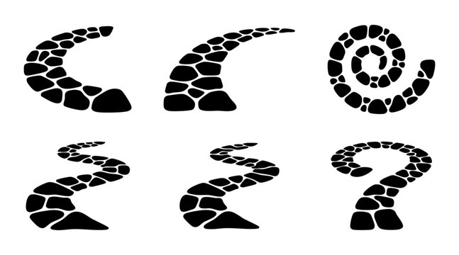 Set of black stone path vector illustrations featuring winding walkways and spiral garden trail designs