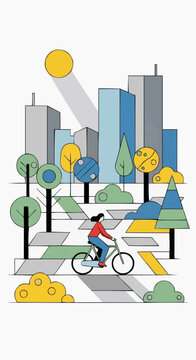 Stylized illustration of a person cycling through a park with city buildings in the background under a bright sun