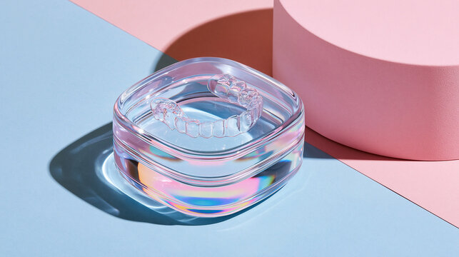 Transparent dental retainer in a clear case on a colorful pastel background.