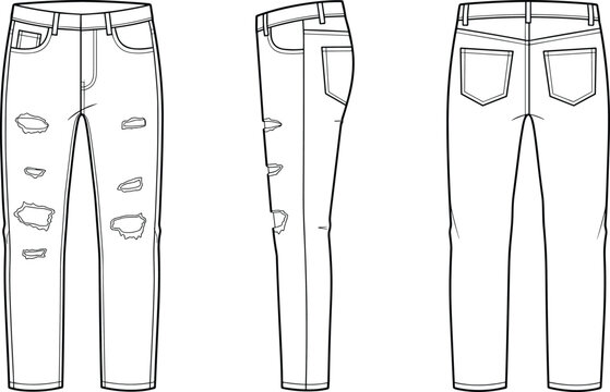Ripped jeans fashion technical flat sketch vector template