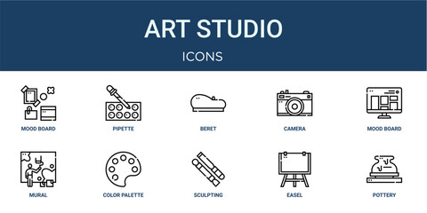 Set of 10 outline web Art Studio icons such as pottery, easel, sculpting, color palette, mural, mood board, camera vector icons for report, presentation, diagram, web design, mobile app © XS Works