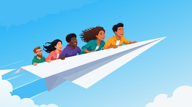 A professional team riding on a giant white paper airplane flying through the sky, representing startup innovation, collaborative business travel, future growth, and ambitious creative vision.