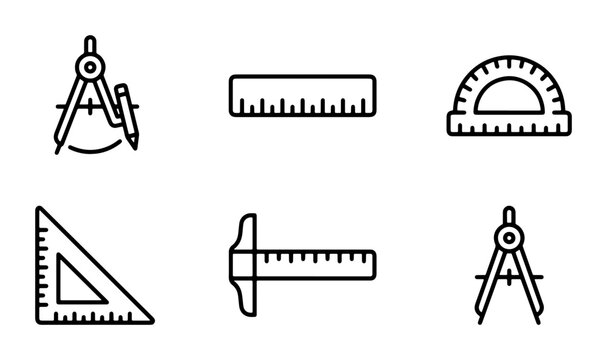 Geometric Tools Vector Icons Set: Compass, Ruler, Protractor, Set Square, Caliper, Drafting Instruments for Education, Engineering, Design
