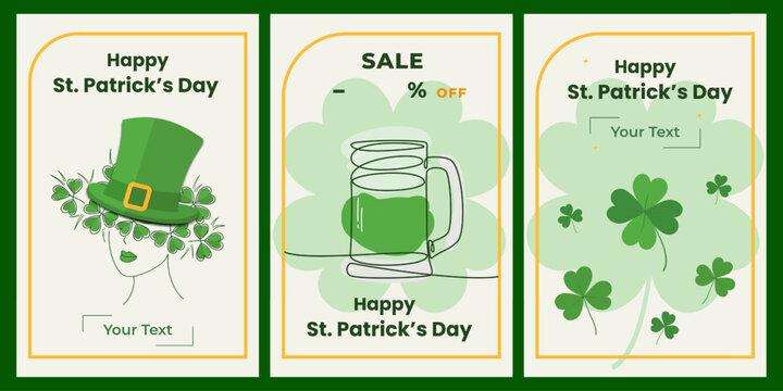 St Patrick Day Promo Card Collection with Ale Mug Shamrock and Lucky Girl Irish Holiday Template Set. Suitable for seasonal advertising, party invitations, social media post or retail marketing flyers