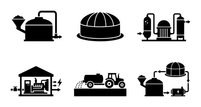 Biogas Plant Icons, Renewable Energy Systems, Agricultural Processing, Industrial Equipment, Vector Graphics Set
