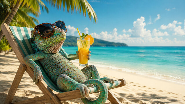 Funny lizard relaxing on a tropical beach chair while enjoying a refreshing summer cocktail.
