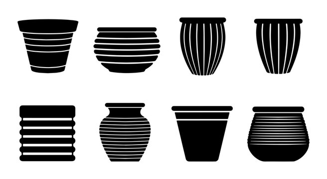Set of 8 Black and White Striped Planters, Ceramic Pots, Decorative Containers, Garden Decor Elements