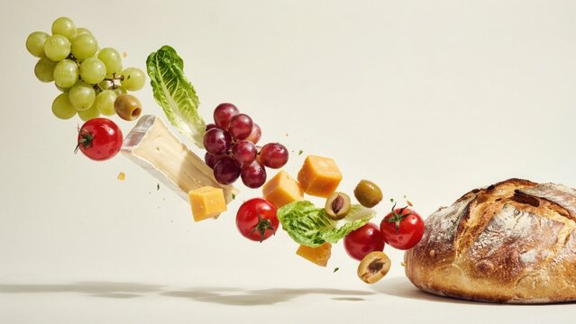Fresh food ingredients flying towards crusty bread on white background