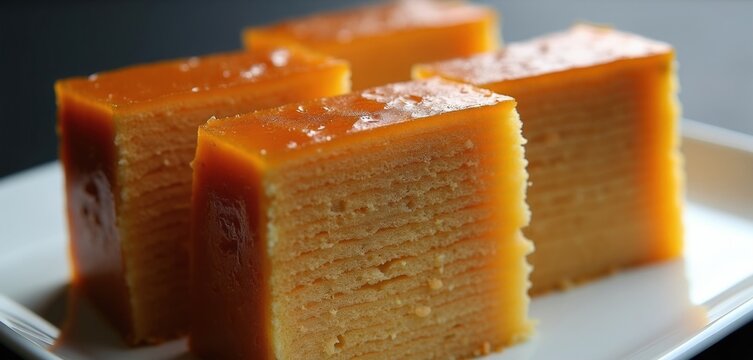 Rich layered Lapis Legit cake slices on white plate. Indonesian dessert Lapis Indulgence with sweet caramel glaze. Baked traditional pastry.