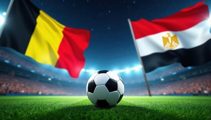 Fototapeta premium Soccer ball rests on green grass field in stadium. Belgian and Egyptian flags wave above during nighttime match. Crowd watches intense competition.