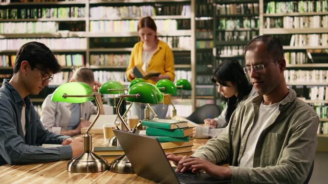 Smiling adult student looks away from laptop in quiet library study area, taking study break in warm space with bookshelves, Mature man doing independent study with e-learning, with academic research.