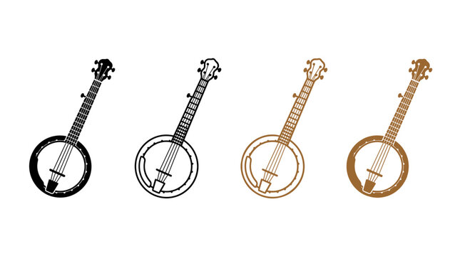 Collection of illustrative banjo design variations: solid brown outline black outline and full black fill icon set