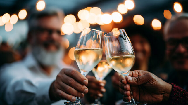 A wide shot of a group of friends raising softly calm festive glasses in a warm toast under bright party lights glass toast open faces bright venue evening workspace full