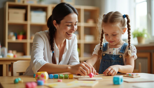 Woman teacher plays number game with young girl in classroom. Child learns math and counting skills with educational toys at table. Early childhood development at daycare center.