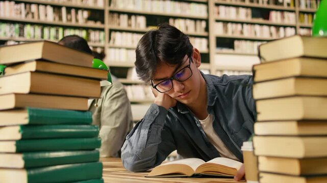 Frustrated male student holding head over open book at library desk, surrounded by tall stacks and study materials during stressful exam preparation at table.