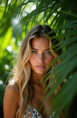 Fototapeta premium Young woman peeks from behind palm leaves. Blonde hair frames face. Blue eyes look at camera. Floral dress visible. Tropical nature surrounds her.