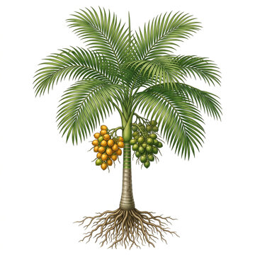 Betel Nut Tree Ultra realistic full betel nut palm bearing betel nuts, detailed fronds, isolated on white background.