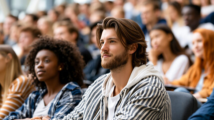 Fototapeta premium A handsome young man sits in a large university lecture hall with a crowd of diverse students, listening attentively to a presentation during a class