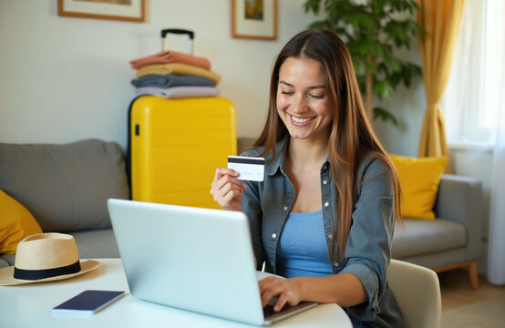 Young woman happily plans vacation online holding credit card. She uses laptop for travel booking at home, with luggage ready. Getaway planning, trip arrangement, holiday purchase.