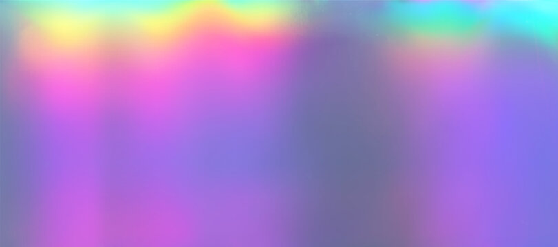 Holograph iridescent foil background with rainbow gradient. Silver neon paper backdrop with bright purple, blue, pink color gradation. Hologram iridescent foil with sunlight reflection. Vector bg