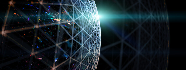 Naklejka premium Globo de red digital, tecnología, ciencia, fondo oscuro abstracto. Globo geométrico brillante con líneas de red digital sobre fondo oscuro. Concepto de tecnología de Internet, computación y ciencia.
