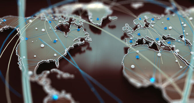  Mapa mundial digital Concepto de comunicaci&oacute;n internacional de conexi&oacute;n de red global.Mapa mundial digital brillante con puntos de conexi&oacute;n de red sobre fondo oscuro.Comunicaci&oacute;n global internacional