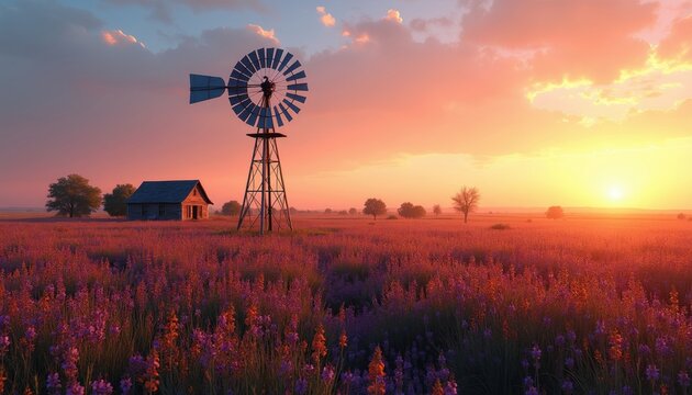 Old windmill and small house in field of purple flowers at sunset. Rural landscape with trees under orange sky. Warm sunlight illuminates wild meadow.