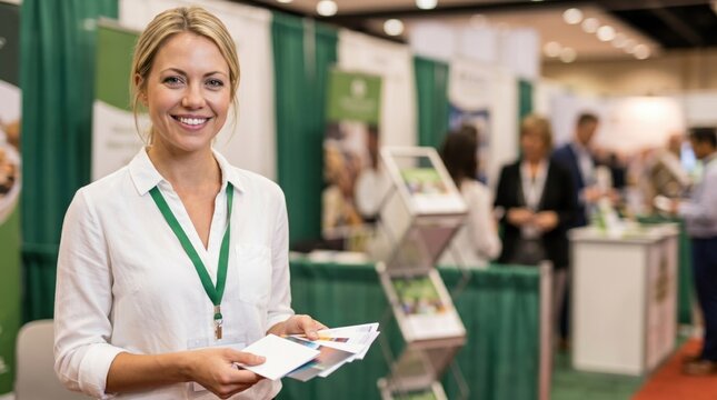 Smiling Blonde Woman Promoter Holding Leaflets At Business Exhibition Expo, Female Hostess In White Shirt Welcoming Guests To Corporate Event Conference