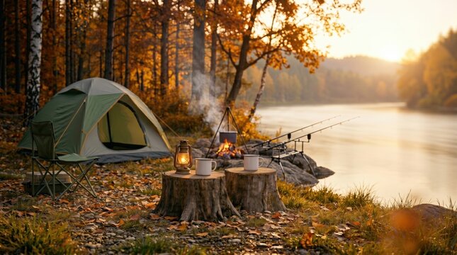 Camping Tent And Fishing Rods On River Bank At Autumn Forest Sunset, Adventure Gear Outdoor Passive Leisure Recreation Concept, Selective Focus Close Up