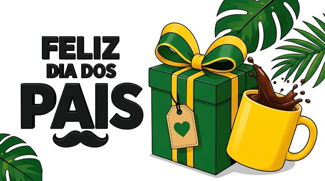 Green Father's Day gift box and coffee cup splashing on white background with Portuguese text Feliz Dia dos Pais for Brazilian holiday greeting banner