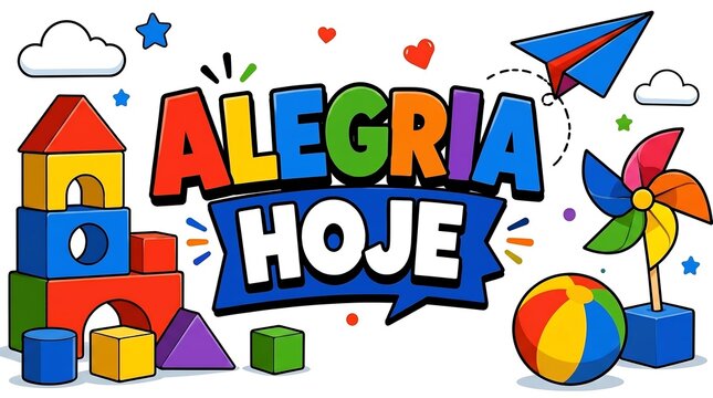 Colorful Alegria Hoje text with playful toys design for Brazil children day celebration background