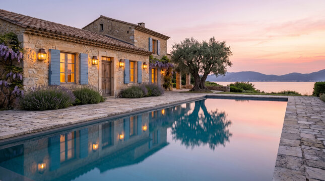 Luxury French Riviera Stone Mansion With Infinity Pool At Sunset, Premium Resort Real Estate Property House Lavender Flower Terrace Landscape Banner