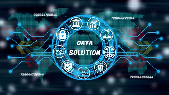 data solution concept with futuristic digital business interface, professional motion graphics for corporate management on dark background. 4k video