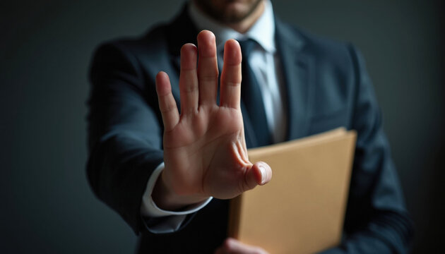 Man in suit holds folder making stop gesture. Business person sets boundary saying no. Professional integrity, ethics, legal caution, and firm refusal.