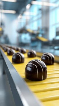 Gourmet chocolate truffles with decorative stripes smoothly moving along a yellow conveyor belt in a modern confectionery production facility with blurred background