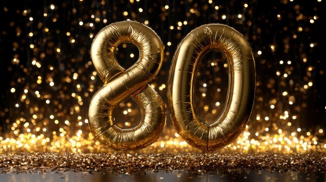 Elegant golden number 80 balloons with sparkling glitter background celebrating a milestone anniversary or birthday party event with festive decorations