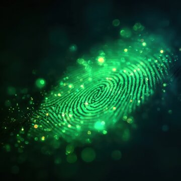 Glowing green fingerprint digital biometric identification with futuristic light effects on dark background for cybersecurity concept