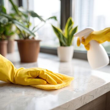 Hands in yellow gloves spraying and wiping a marble countertop near indoor potted plants in a bright, modern kitchen with natural light from windows